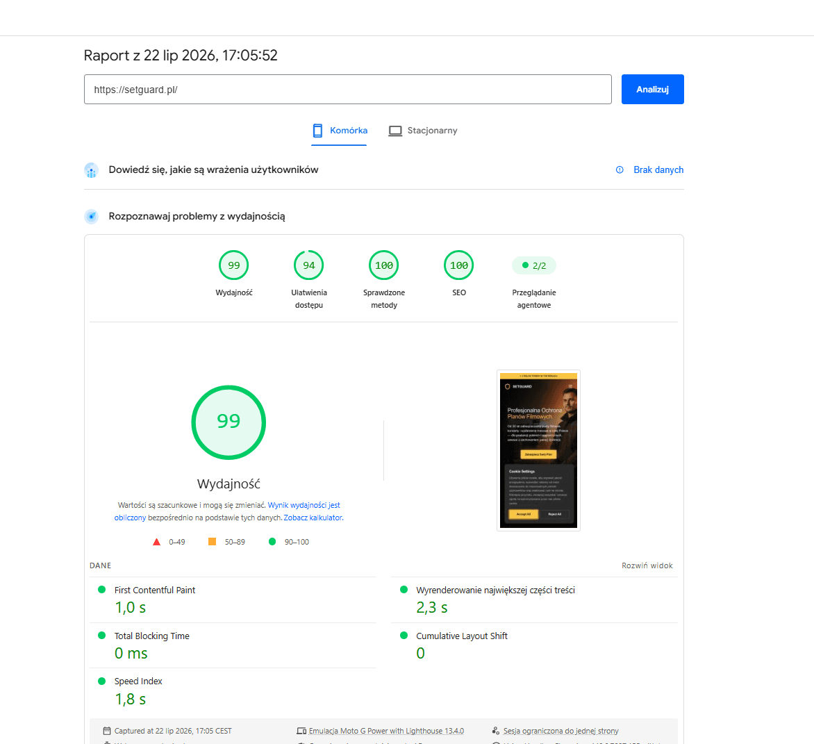 Wynik PageSpeed Insights dla strony SetGuard Security - 99/100 na telefonie, audyt Codileo