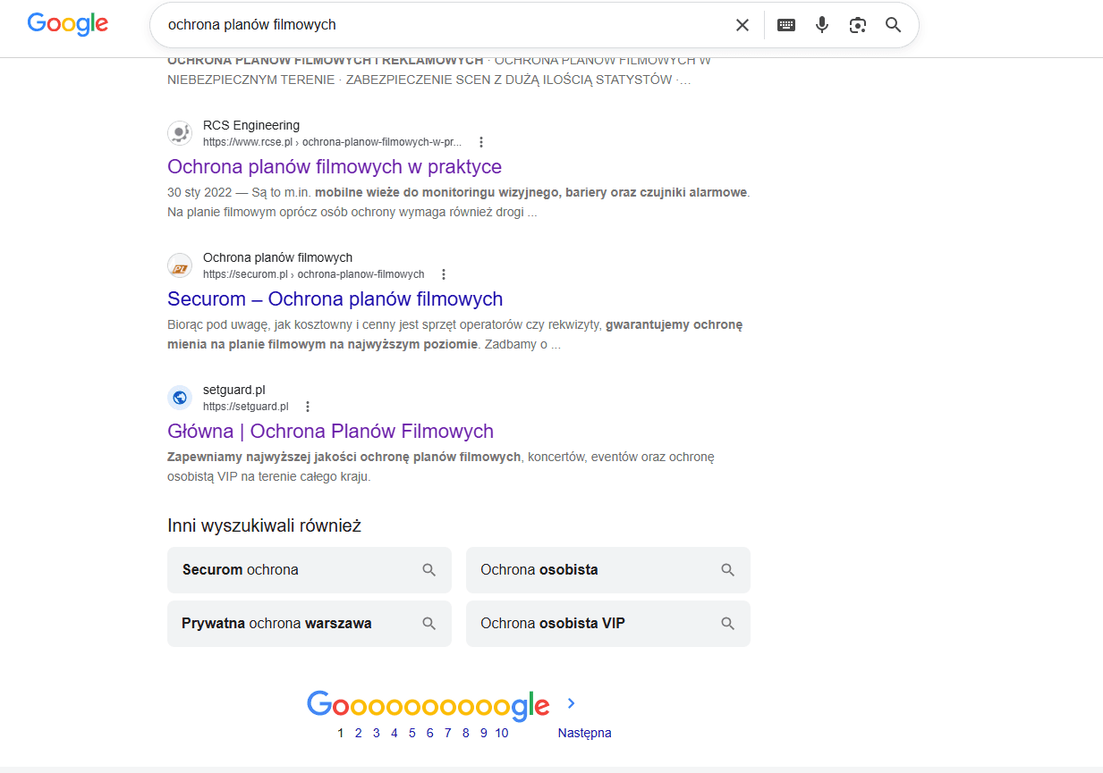 Wynik wyszukiwania w Google dla SetGuard - pierwsza strona na frazę ochrona planów filmowych